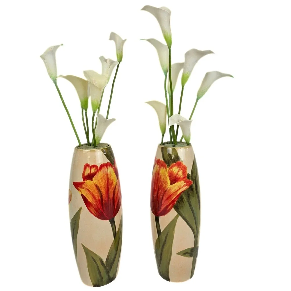 Carolina Pottery 80159 Ceramic Tulip Vases Pair Red Yellow Floral 12.5 Inch Tall